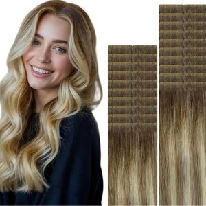 Dark Ash Brown Golden Blonde Human Hair 22 Inch Injected Tape In Extensions